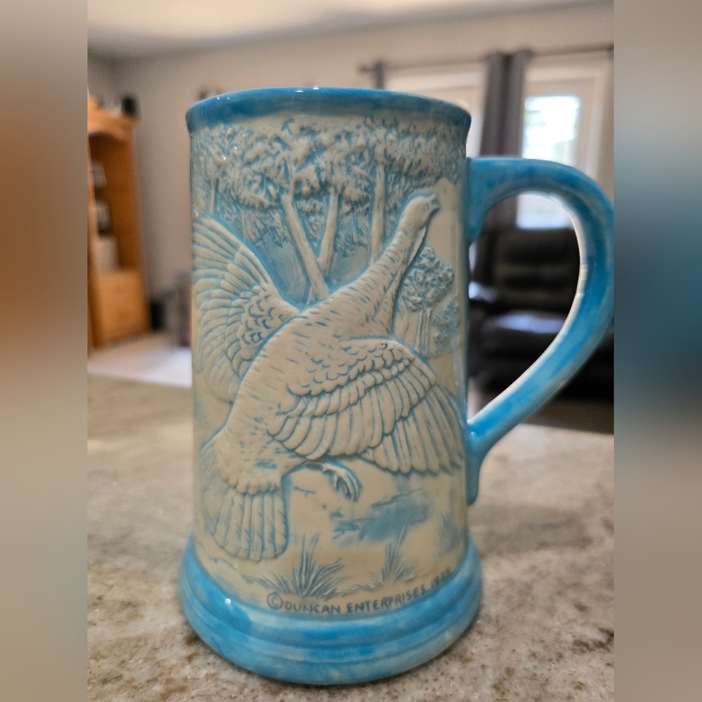 Duncan Enterprises 1985 Blue and Cream Ceramic Art Mug with Bird Relief